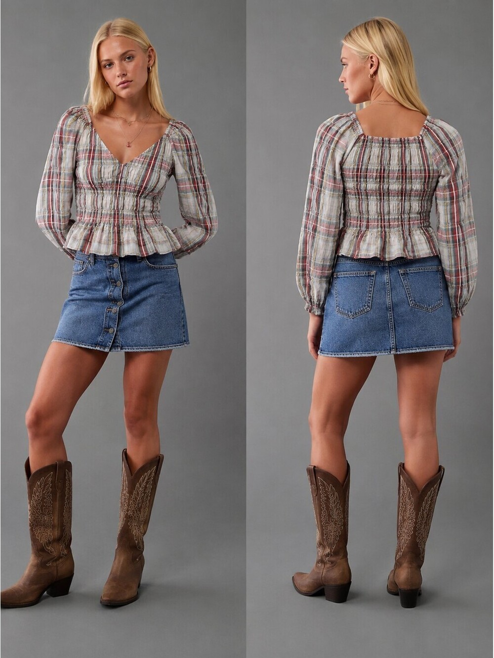 American Eagle Plaid Smocked Ruffle Top Puff Sleeve V-neck Boho M